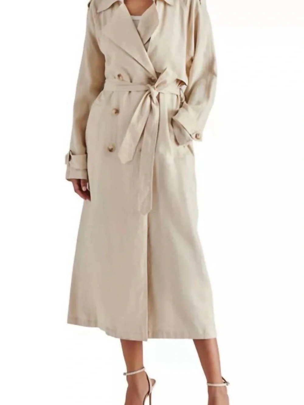STEVE MADDEN Beige Double-Breasted Lennox Linen Blend Trench Coat M Medium - Picture 2 of 5